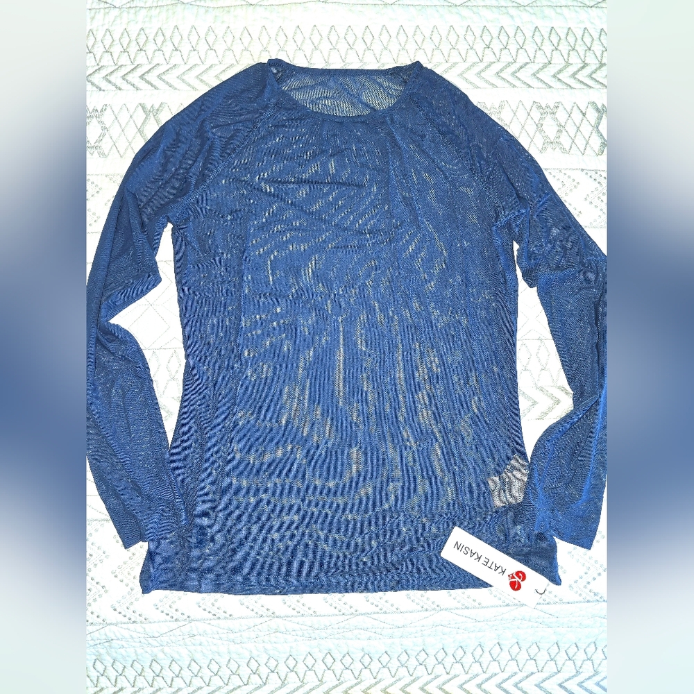 Kate Kasin Blue Sheer Long Sleeve Top Sz S